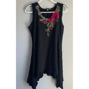 Clotheshead Black Floral Embroidered Sharkbite Hem Tunic Top Sleeveless Large